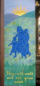 Father, mother and two children walking to left, father with arm protectively around child: 'They will walk and not grow weak'