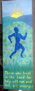 Male figure running to the right: 'Those who trust in the LORD for help will run and not get weary'